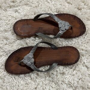 Capelli of New York Silver Floral Beaded Thong Sandals - Brown Footbed